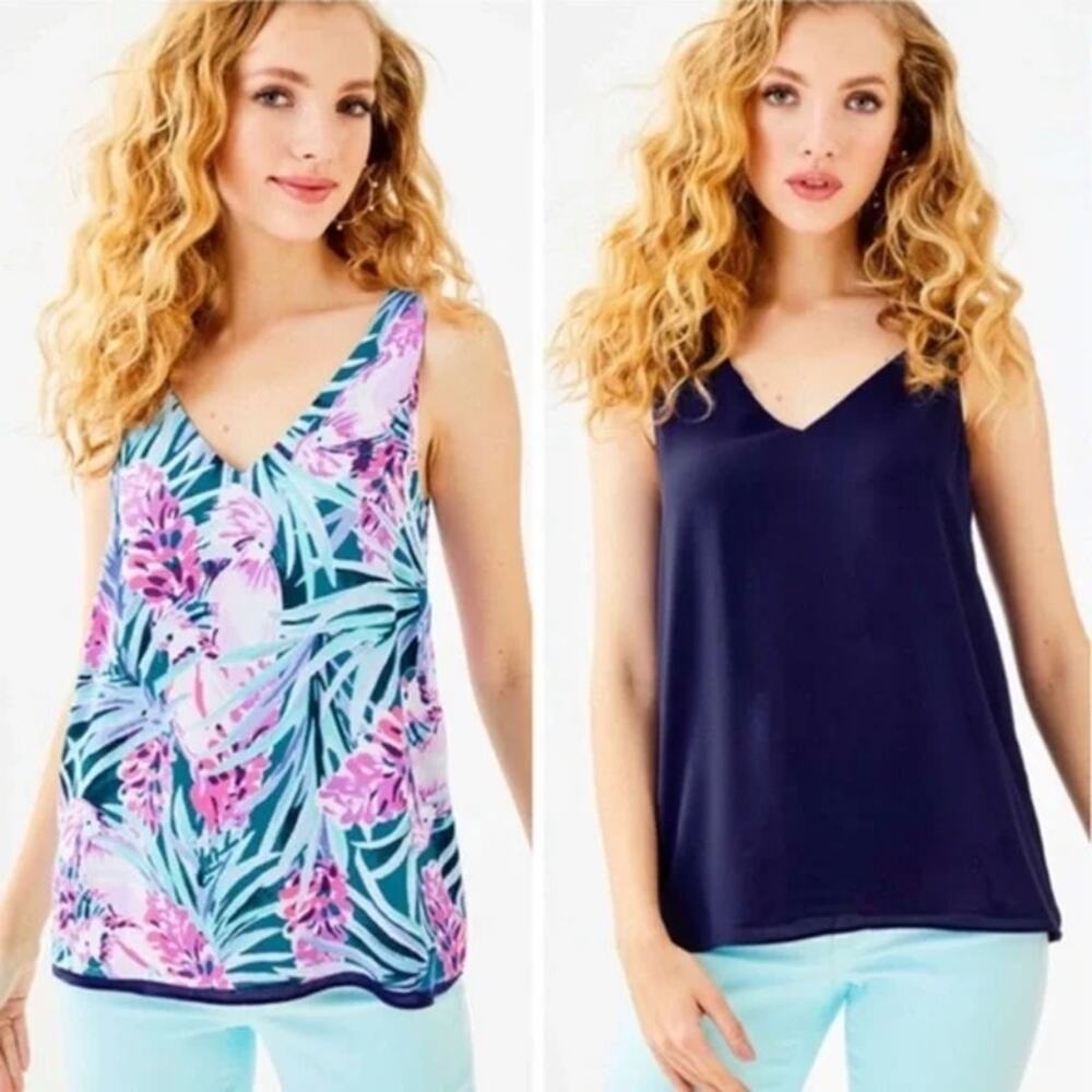 Lilly Pulitzer FLORIN Sleeveless V-Neck Mr. Peacock Blue Reversible Tank M NWT